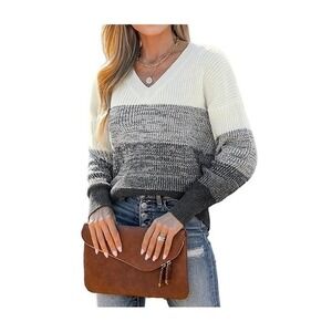 CUPSHE Women Sweater Striped V-Neck Tops Long Drop Sleeve Pullover Casual (S)‎